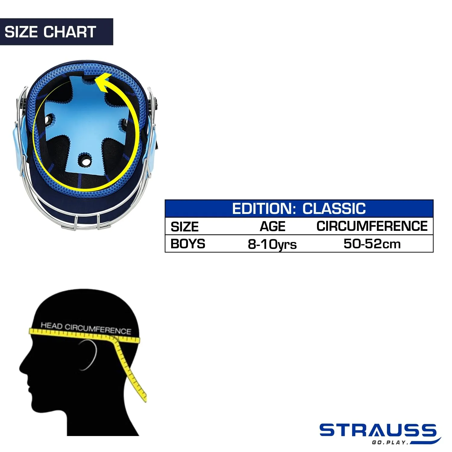 Strauss Cricket Helmet | Steel Grill | Edition: Classic | Size: Boys | Age: 8-10yrs | Color: Blue | for Boys, Girls | Lightweight | Advance Protection | Leather Ball Cricket Helmet