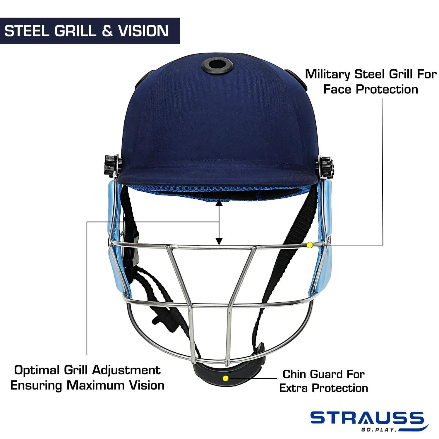 Strauss Cricket Helmet | Steel Grill | Edition: Classic | Size: Boys | Age: 8-10yrs | Color: Blue | for Boys, Girls | Lightweight | Advance Protection | Leather Ball Cricket Helmet