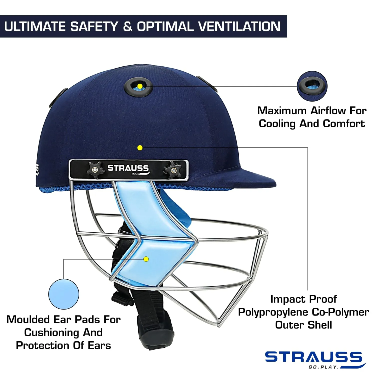 Strauss Cricket Helmet | Steel Grill | Edition: Classic | Size: Boys | Age: 8-10yrs | Color: Blue | for Boys, Girls | Lightweight | Advance Protection | Leather Ball Cricket Helmet