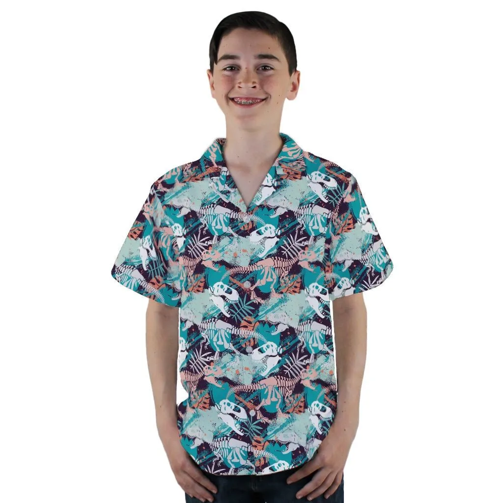 T-Rex Bones Footprints Green Dinosaur Youth Hawaiian Shirt