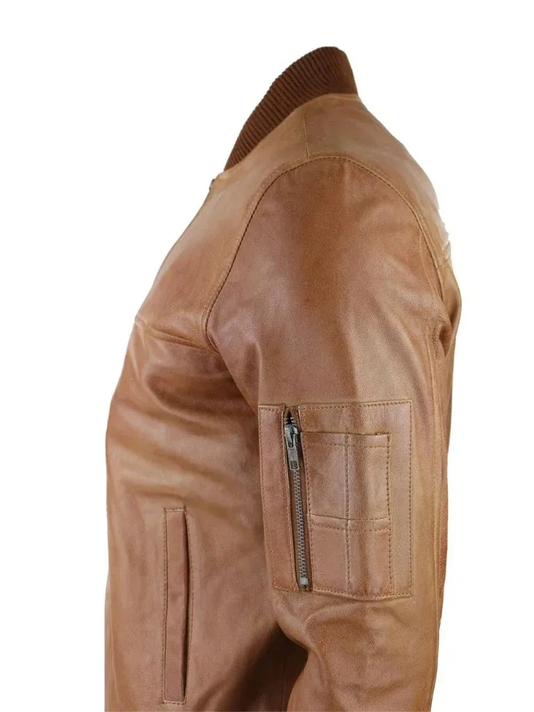 Tan Waxed Bomber Leather Jacket