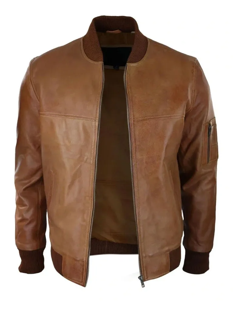 Tan Waxed Bomber Leather Jacket