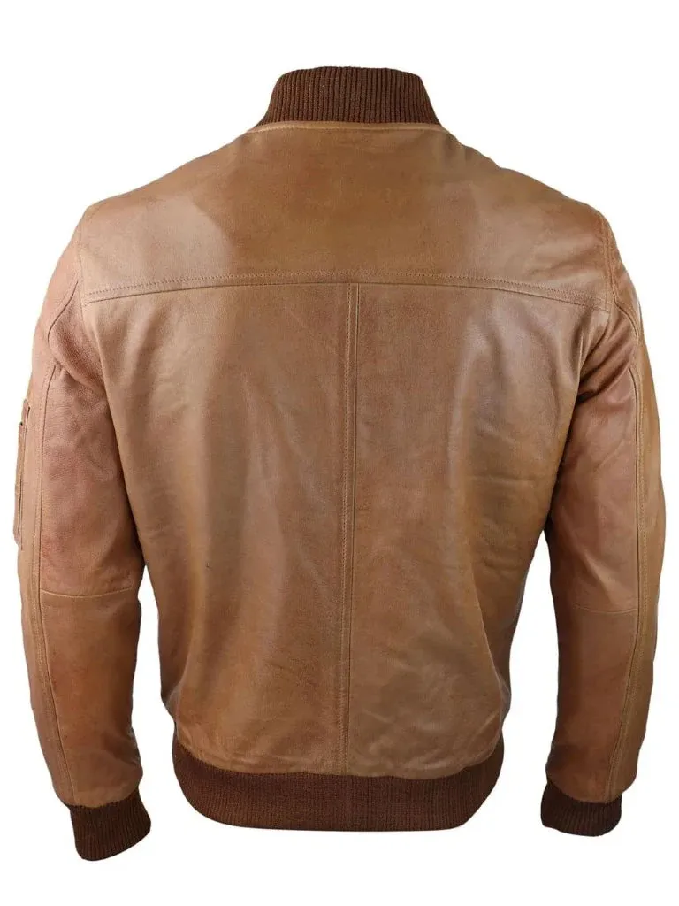 Tan Waxed Bomber Leather Jacket