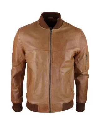 Tan Waxed Bomber Leather Jacket