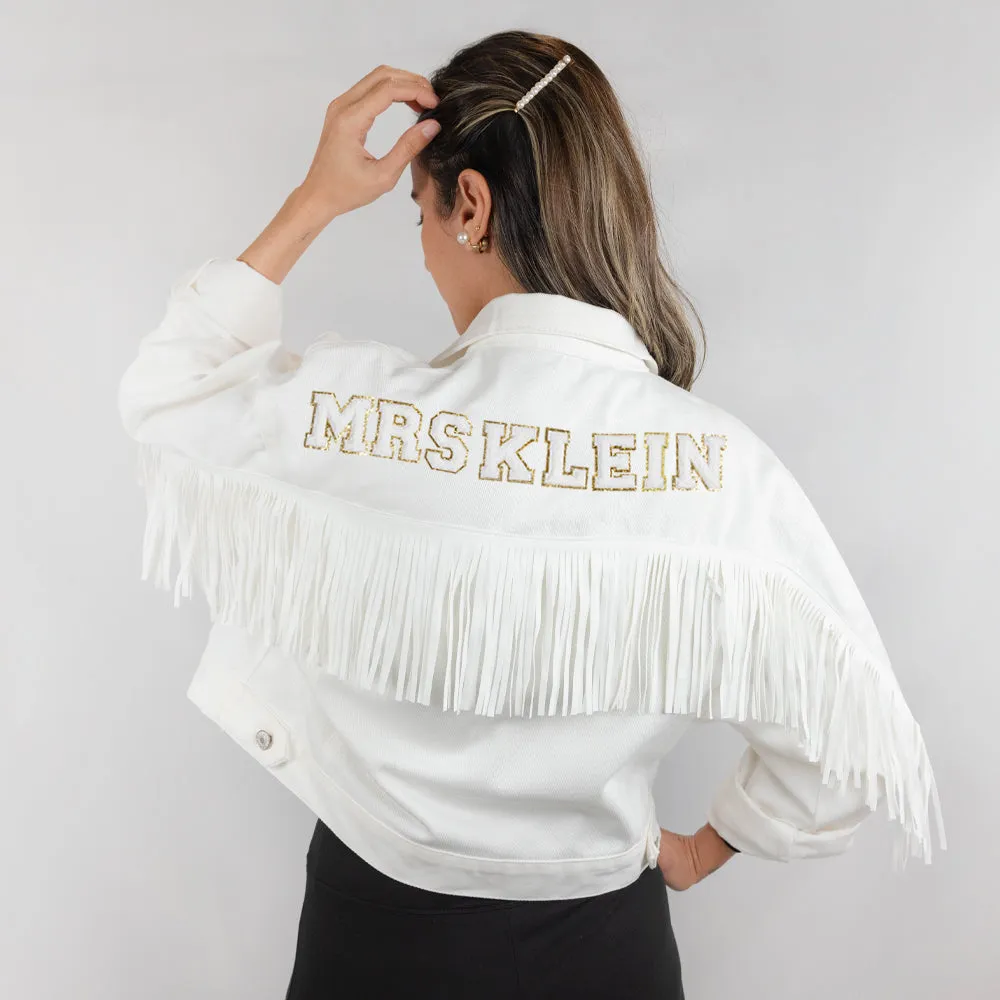 (White Fringe) Custom Patch White Fringe Denim Jacket