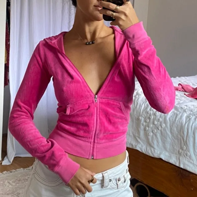 Women's Velvet Zip Up Crop Hoodies